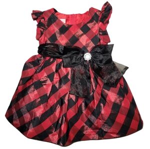 BONNIE BABY 12m Red Black Bouffant Style Buffalo Check Flutter Sleeve Bow Dress